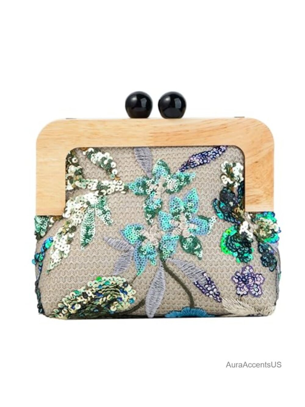 Floral Embroidered Linen Clutch Evening Bag Wooden Handle Detachable Strap